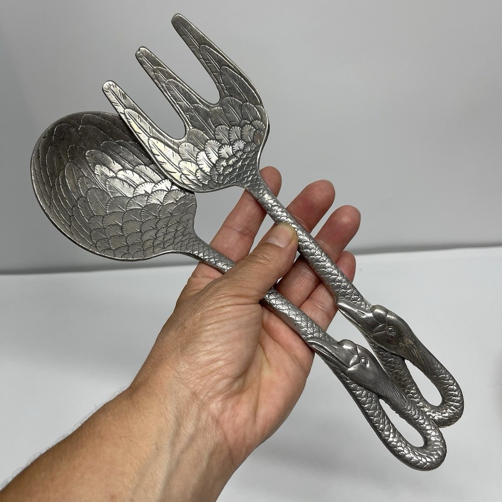 Goose Swan Head Feather Detail Salad Servers Fork & Spoon Set Cast Aluminum 11"